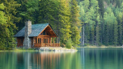 A cozy lakeside cabin with a prominent stone chimney, surrounded by pine trees and calm waters.