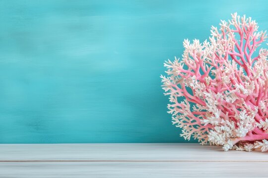 Pink coral branches resting on whitewashed wooden table against teal background