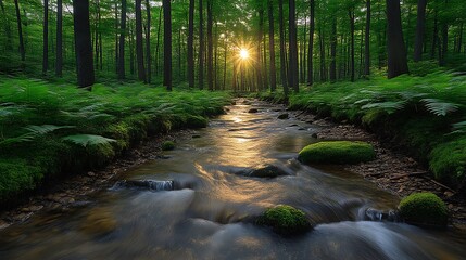 Fototapeta premium Sunset illuminating stream in lush forest.