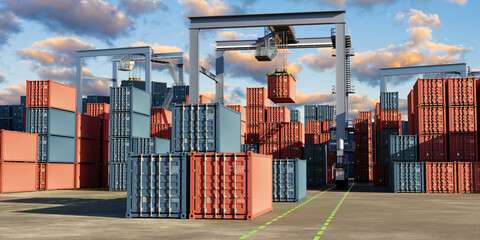 Cranes move red and blue containers at a busy port terminal during daylight, organizing cargo for transport – Containers at port. Customs. Warehouse.