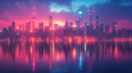 Obraz premium city skyline at night with japanese inspired neon lighting - stock photo
