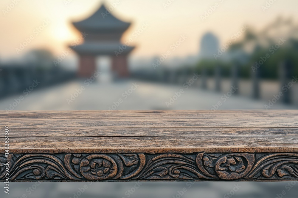 Poster empty carved wooden table with blurred ancient temple background