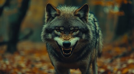 A menacing wolf shows its teeth in an autumn setting