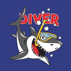 shark becomes a brave underwater diver, cartoon illustration
