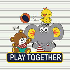 elephant, bear and chick are playing ball together, cartoon illustration