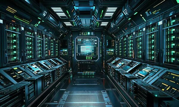 Futuristic command center interior with glowing panels and server arrays visual
