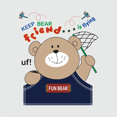 bear catching flying dragonfly,cartoon illustration