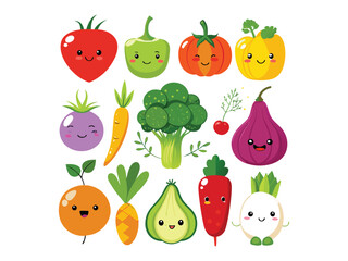 A collection cartoon vegetables with happy faces, including a tomato, cabbage, chili pepper, potato, broccoli, carrot, eggplant, red pepper, garlic, cucumber, onion, and beet on a white back