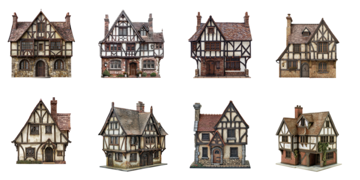 Collection of Tudor House front view full length isolate on transparency background