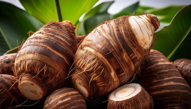A close-up of freshly harvested taro roots with textured brown skin and purple streaks, surrounded by lush green taro leaves glistening with dew in soft morning light. Earthy tones, bunch of taro
