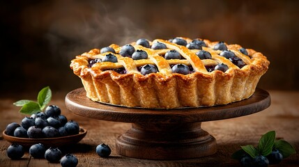 A golden homemade blueberry tart with a flaky pastry crust showcased on a rustic wooden serving plate and surrounded by fresh blueberries