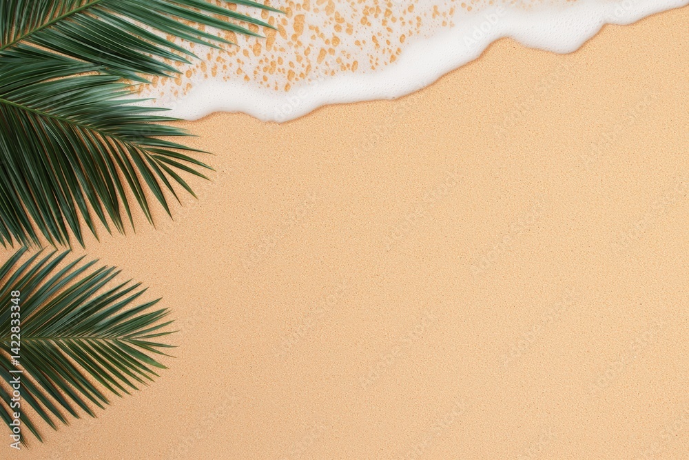 Poster tropical beach scene with palm leaves and soft sand, creating tranquil vacation vibes