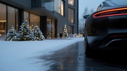 Sleek car parked outside modern apartment complex, festive Christmas decorations in the snow