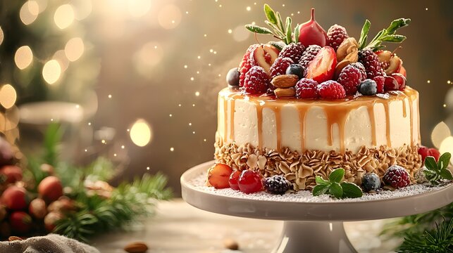A decadent and beautifully decorated cake with layers of cream fresh berries and crunchy nuts perfect for a special holiday - Powered by Adobe