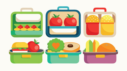 Six lunch boxes with different types of food, such as sandwiches, fruits, eggs, rice, and vegetables, on a white background
