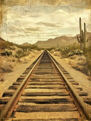 Western Style Vintage Rail Track Background, Old Distressed Texture Paper, Sepia Tone Grunge Aged Page Design