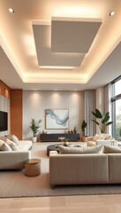 High-end modern living room, 8K ultra-realistic detail, with a geometric LED ceiling light design like overlapping boxes