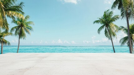 Stone table displaying summer products with tropical beach background
