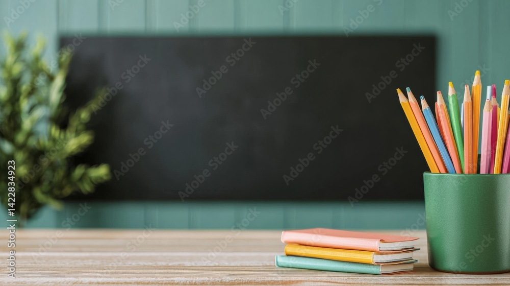 Poster Colorful pencils and notebooks on desk in empty classroom with chalkboard