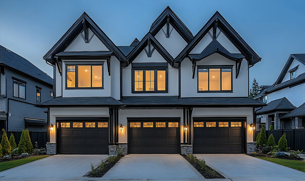 Modern duplex home with illuminated windows at dusk, surrounded by landscaped gardens