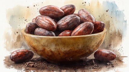 Obraz premium cocoa beans on bowl clipart creative generative watercolor illustration detailed illustration - image for design