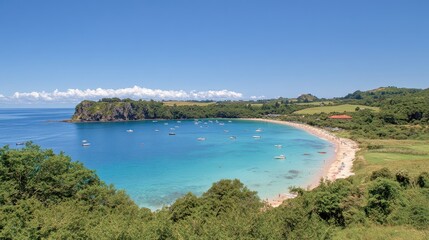 Naklejka premium Azure Bay Vista Turquoise waters embrace a sandy beach dotted with boats and framed by lush green hills