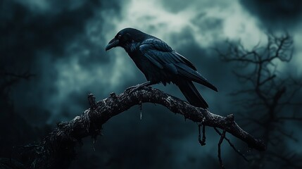 Fototapeta premium Raven Perching on Branch Against Dark Sky