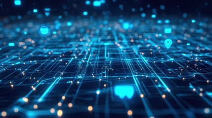 A sci-fi inspired digital grid with glowing blue coding strings and floating environmental monitoring symbols, representing future green technology