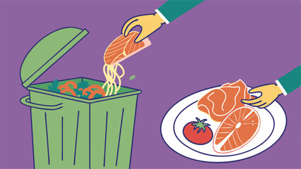 Hands throwing food leftovers in a green trash can with a salmon steak, pasta bows, tomato and lettuce on a plate, purple vector background