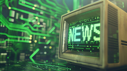 Retro-style monitor showing digital news on green circuit board background in tech-inspired concept