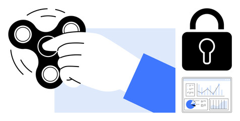 Hand spinning a fidget spinner, bold lock icon symbolizing security, and analytics chart depicting data insights. Ideal for productivity, cybersecurity, privacy, focus, innovation, business growth