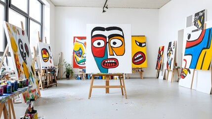 Colorful Abstract Art Studio with Unique Paintings and Canvases