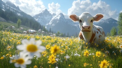 A cow stands peacefully in a blooming meadow near mountains