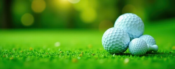 Golf themed birthday message on vibrant green, golf balls & tee close-up , tee, congratulatory