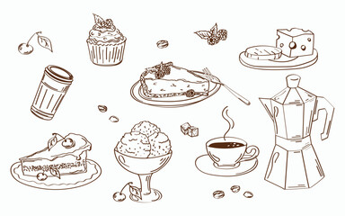 Vintage hand drawn sketch for breakfast menu. Collection of coffee and desserts, cover menu. Line art