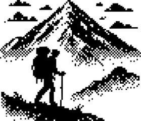 Pixel silhouette of a mountain hiker with backpack, outdoor adventure style black on white background vector