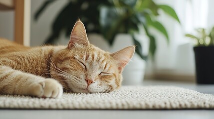 Cozy cat napping on fluffy rug in minimalist room with natural light