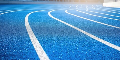 Blue running track with white lines curving.