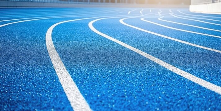 Blue running track with white lines curving.