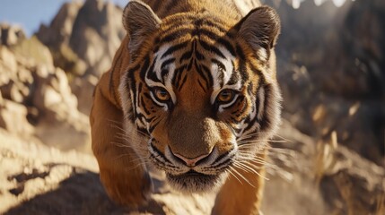Fototapeta premium Majestic Tiger Close Up Wild Cat in Rocky Habitat