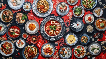 Delicious Asian Cuisine  Seafood Dishes  Overhead Shot  Banquet  Dinner Table  Food Photography