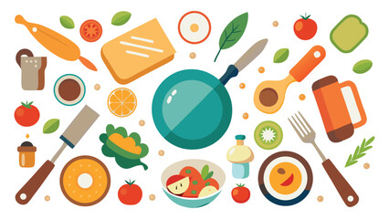 Overhead shot of various cooking utensils and ingredients, including a rolling pin, frying pan, knife, spatula, salad, coffee, and other food items, arranged on a white background