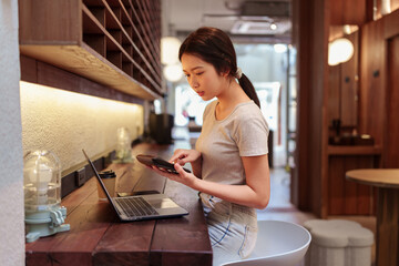 Woman working on laptop and using calculator at cafe counter during casual financial planning session