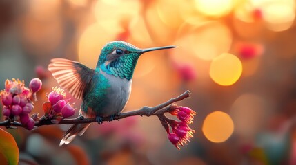 Obraz premium Emerald hummingbird perched gracefully upon a blossoming branch