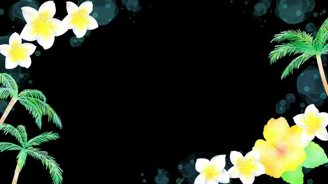 ヤシの木と南国の花々のトロピカルフレーム。水彩タッチの爽やかな&alpha;付きループアニメーション。	