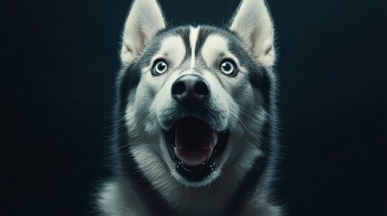 Close up portrait shows a husky dog with mouth open
