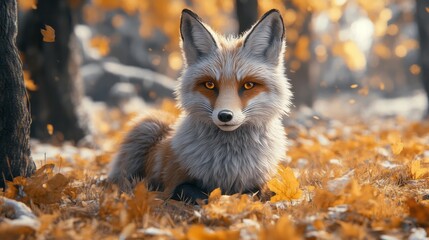 A fox lies peacefully amidst fallen autumn leaves outdoors