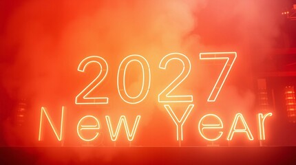A warm, soft, and dreamy atmosphere illustrating a 2027 Happy New Year concept with neon lights, a technology business theme, and new year resolutions, utilizing hazy, soft light and a color palette o