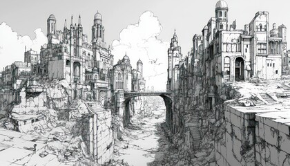 Architectural fantasy city sketch on cliffs, bridge connecting ancient civilizations