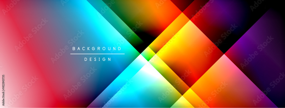 Poster Vibrant abstract geometric background. Overlapping colorful triangles create dynamic visual effect. Smooth gradients transition between hues, offering modern aesthetic.
